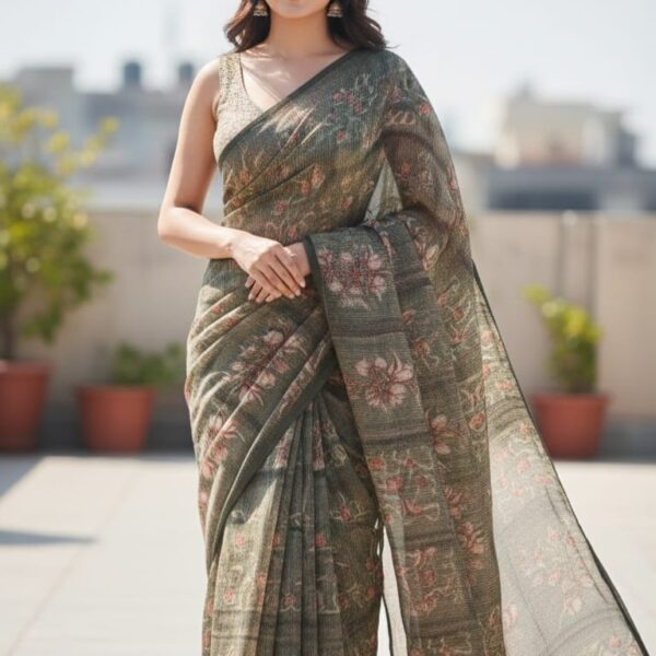 Olive green floral printed saree